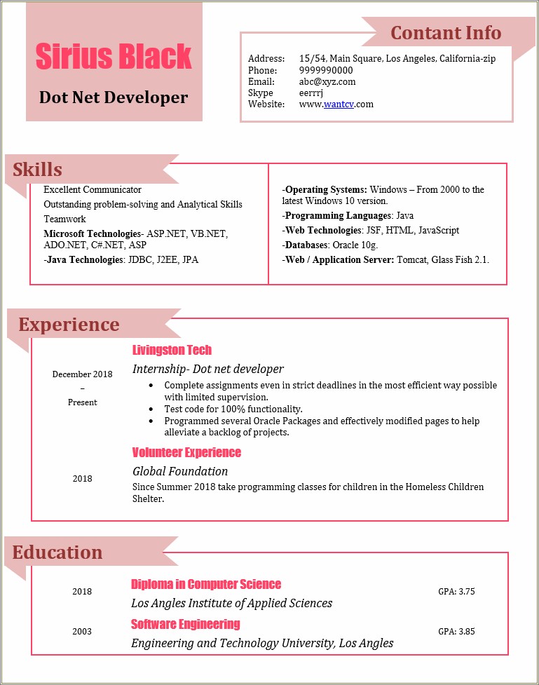 2 Years Experience Resume In Asp Net