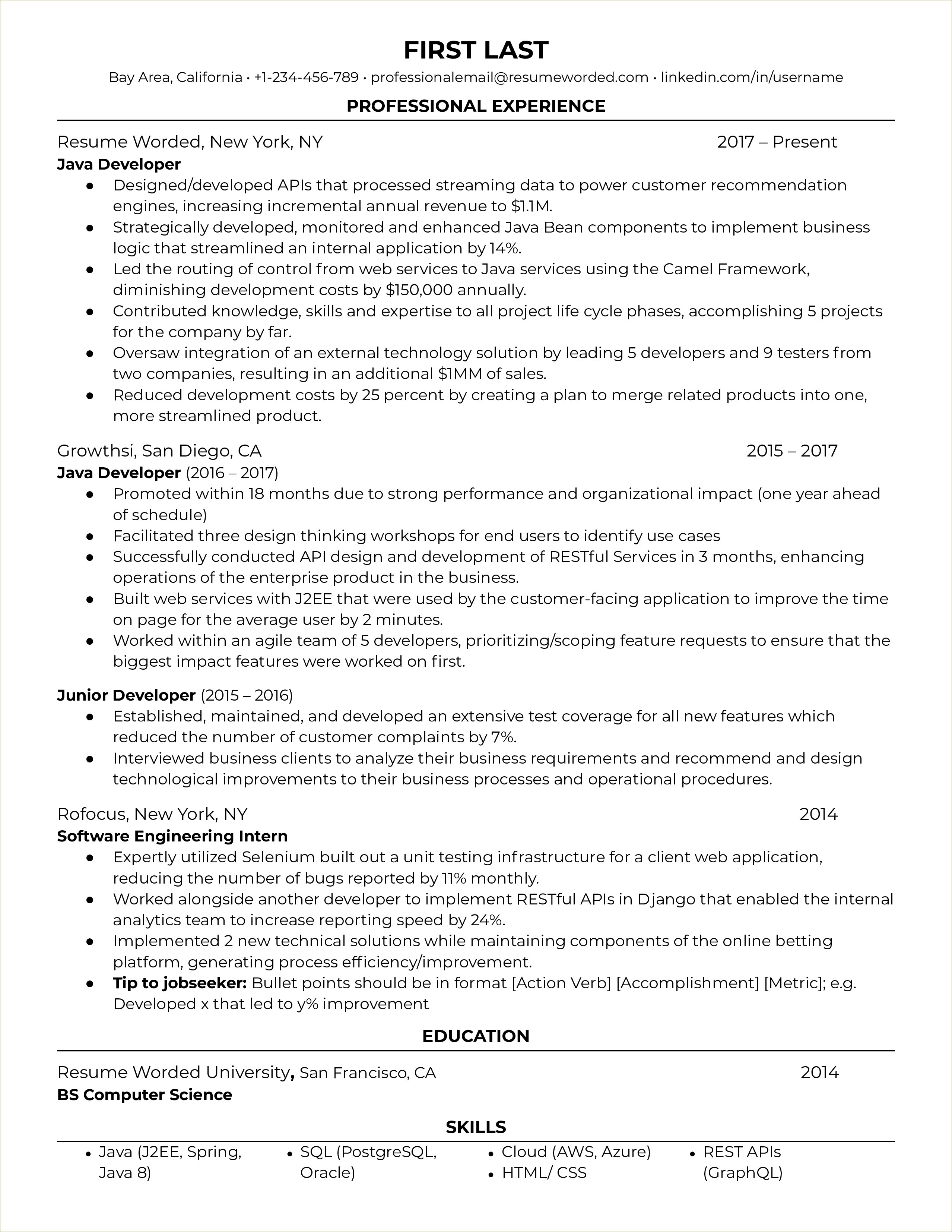 2 Years Of Experience In Java Resume Format