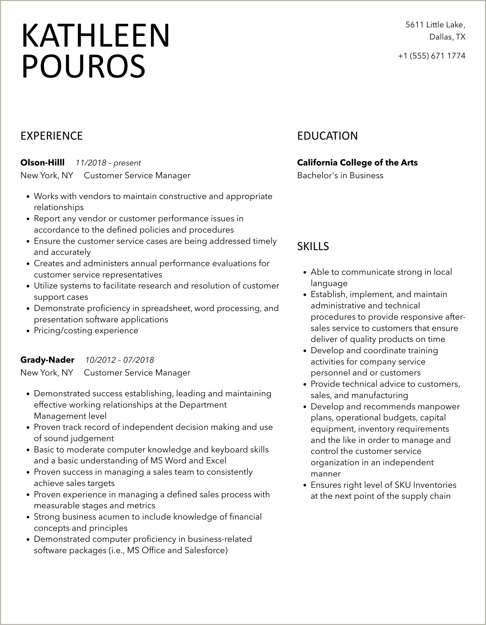 20 Years Customer Service Manager Resume