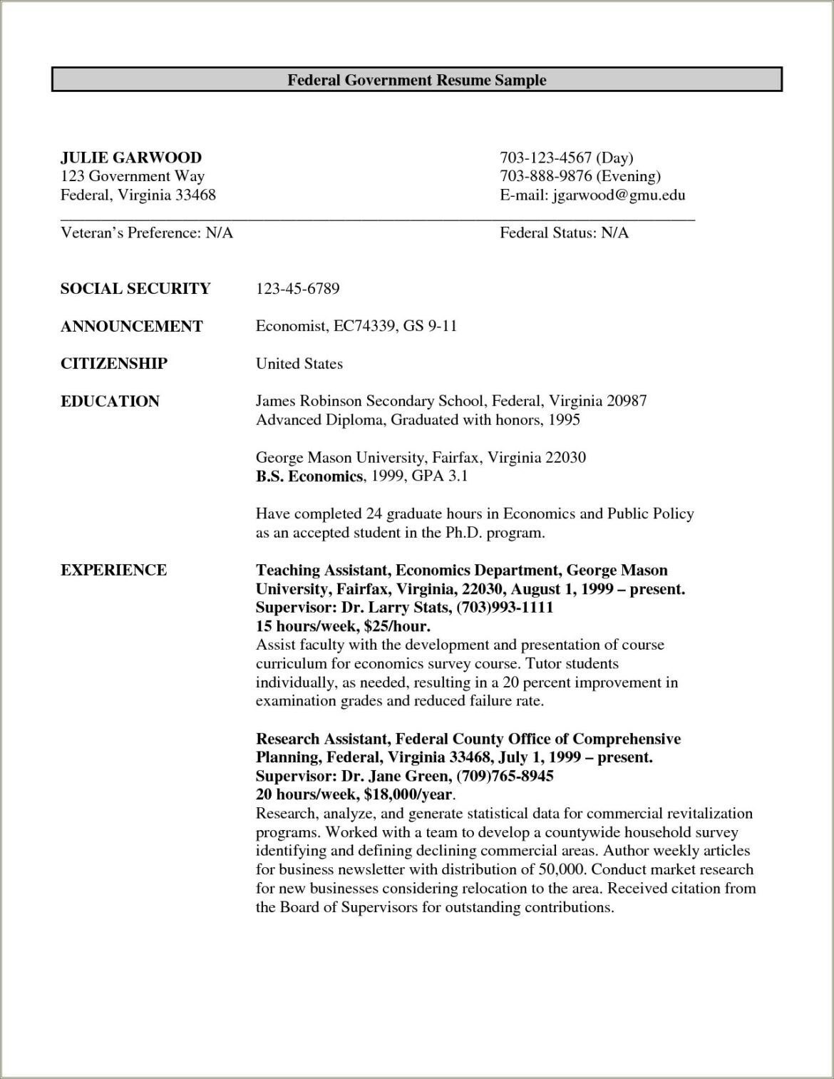 2017 Resume Template For Government Job