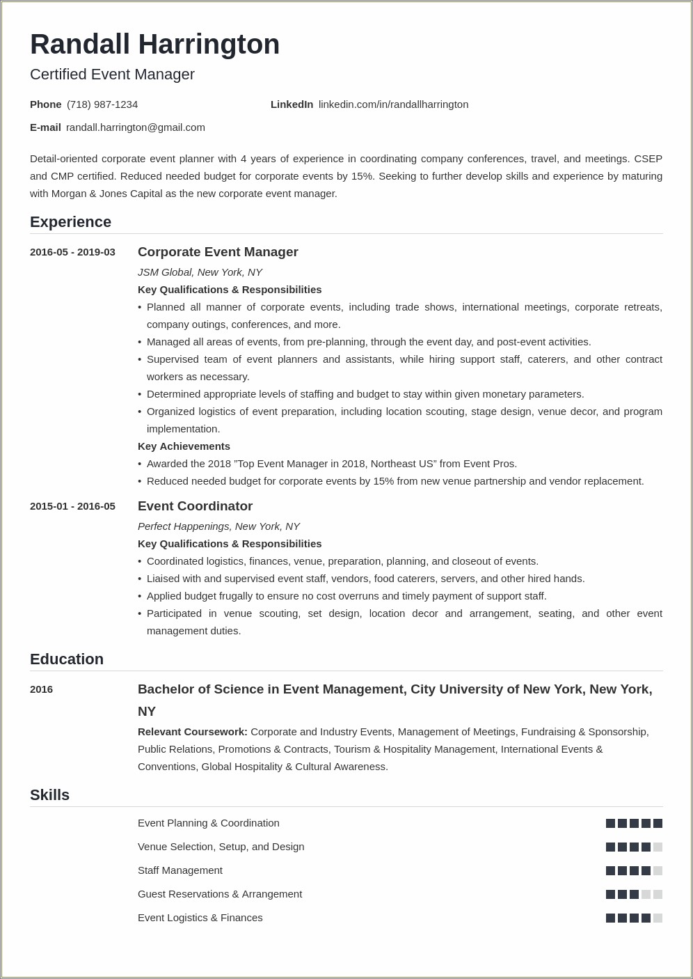 2019 Event And Marketing Resume Objective & Summary