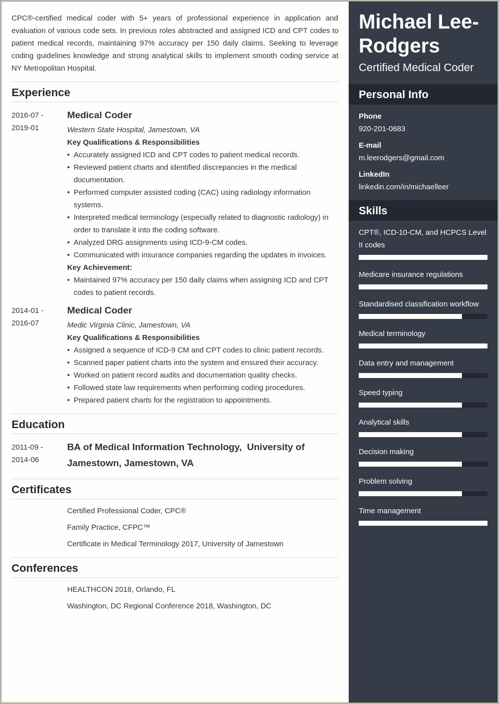 2019 Medical Billing And Coding Resume Skills