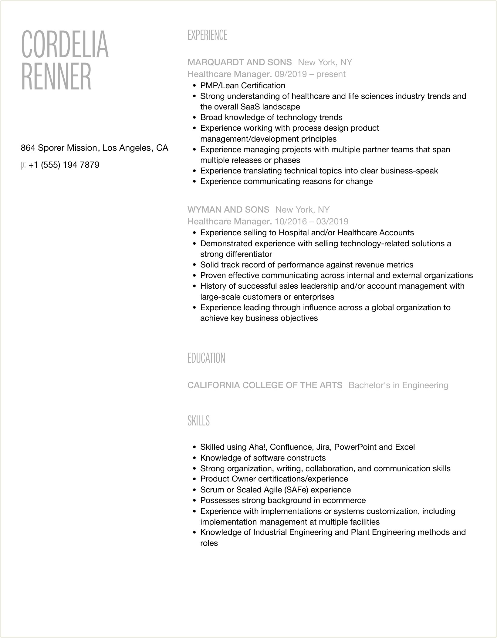 2019 Resume Client Manager Health Insurance