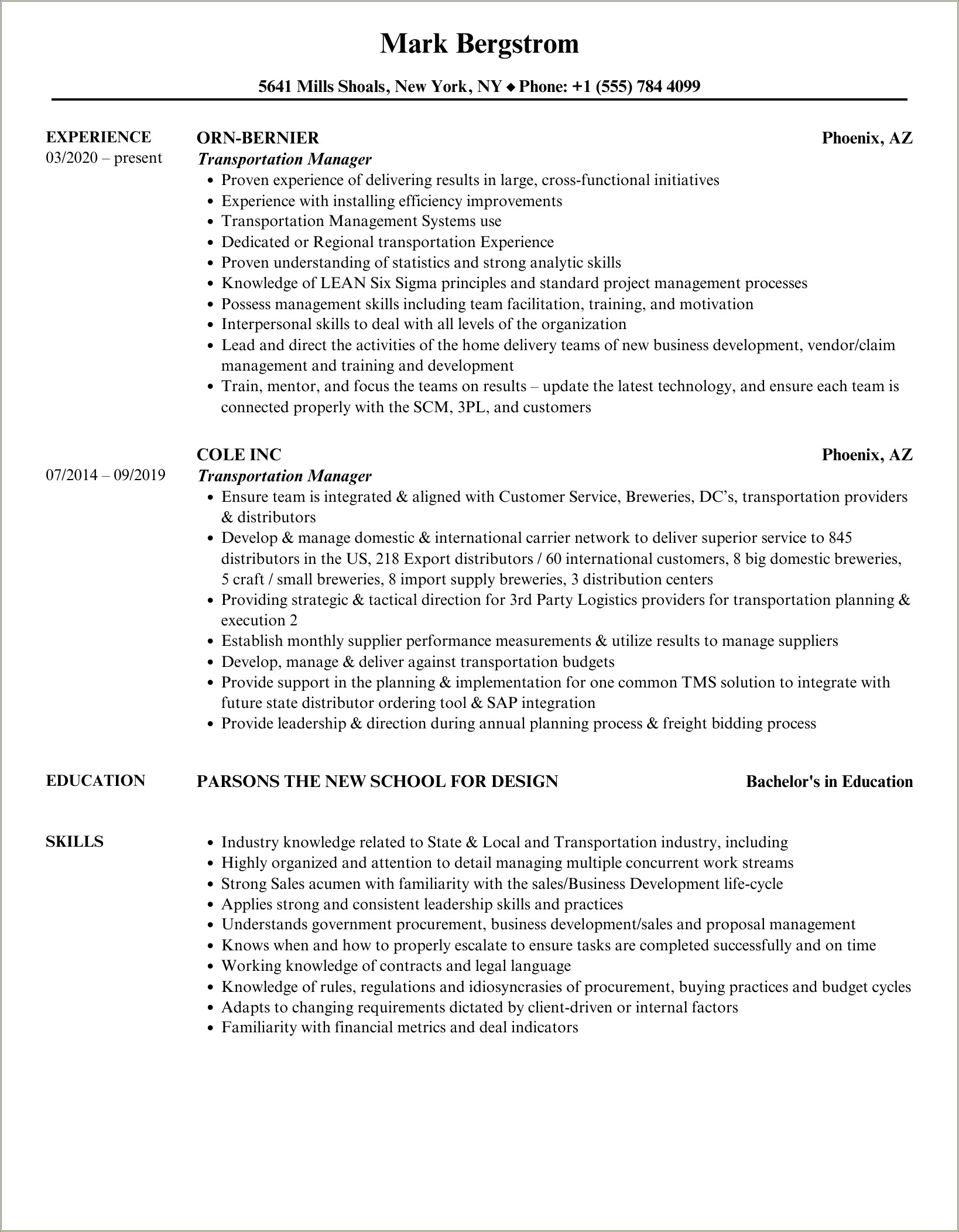 2019 Resume Templates For Tranportation Manager