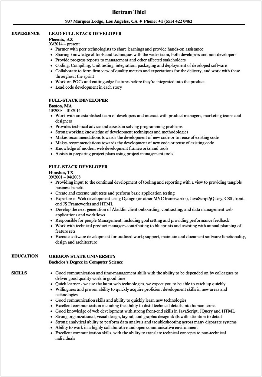 3 Years Experience Full Stack Developer Resume