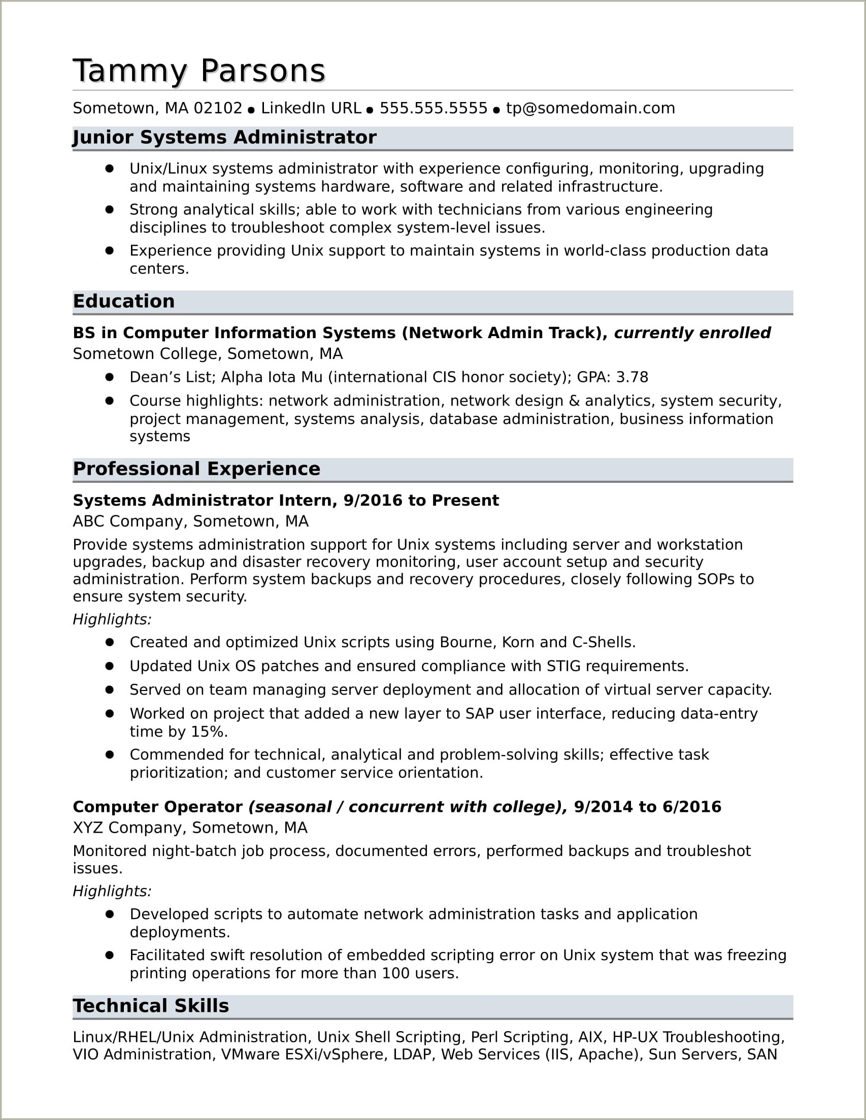 3 Years Experience Resume In System Administrator
