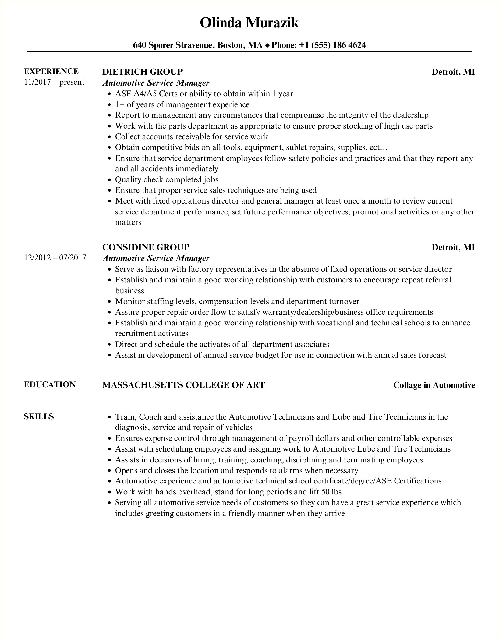 40+ Automotive Service Manager Resume Samples Jobherojobhero