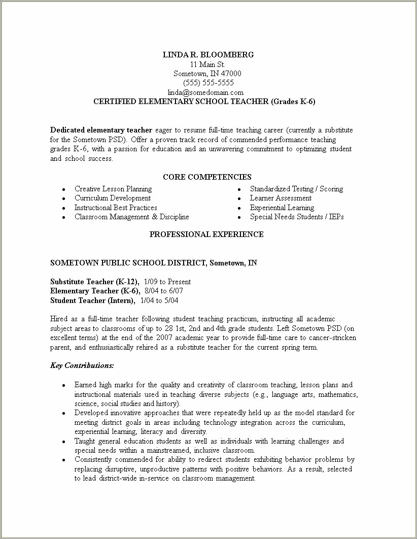 4th Grade Teacher Job Description Resume