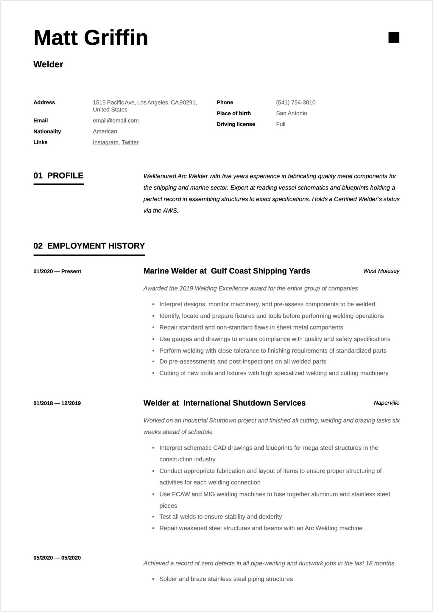 5 Yrs Experience Welder Resume Example