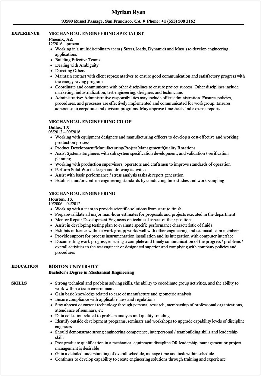 6 Month Experience Resume For Mechanical Engineer