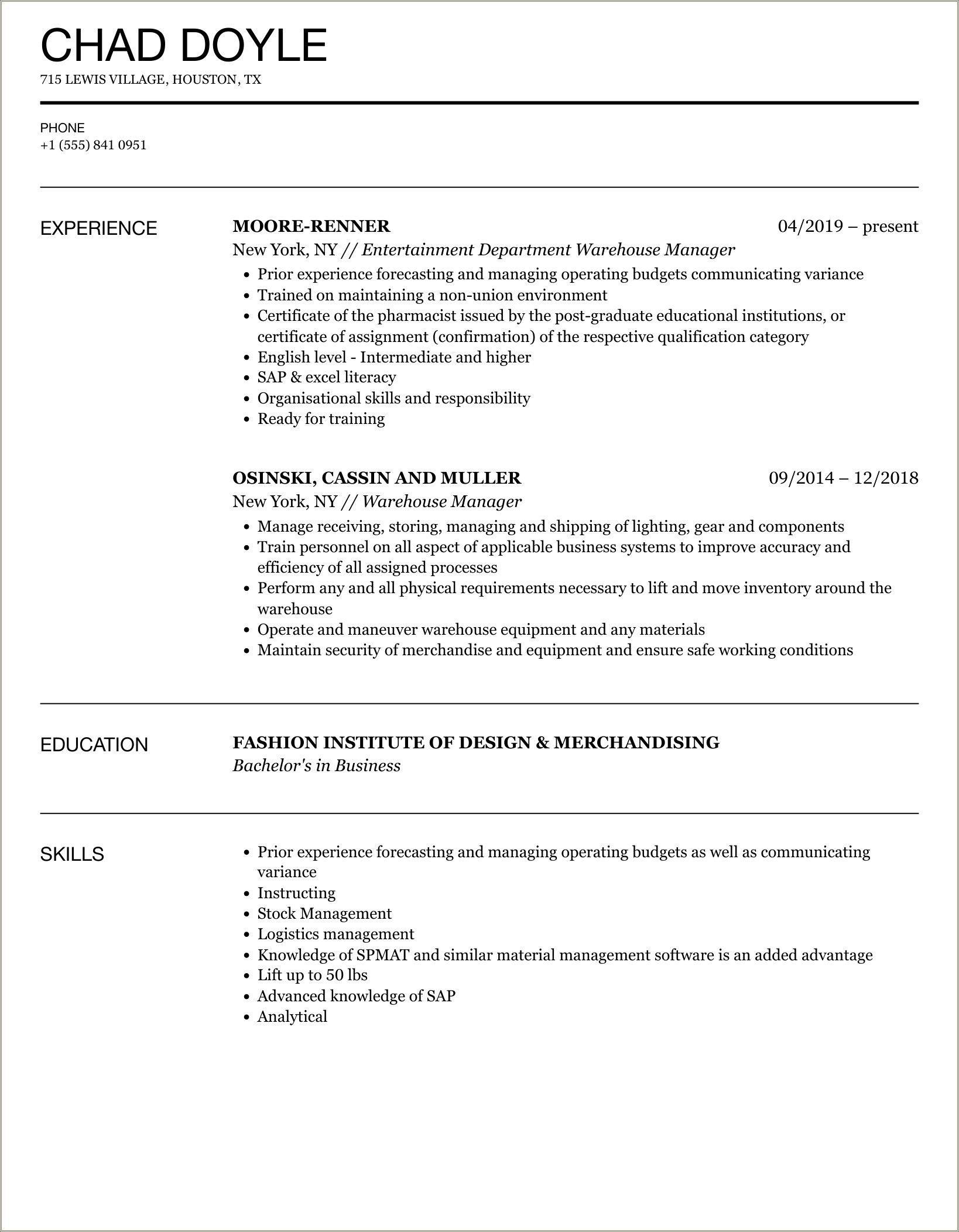 9 Years Experience In Warehouse Resume