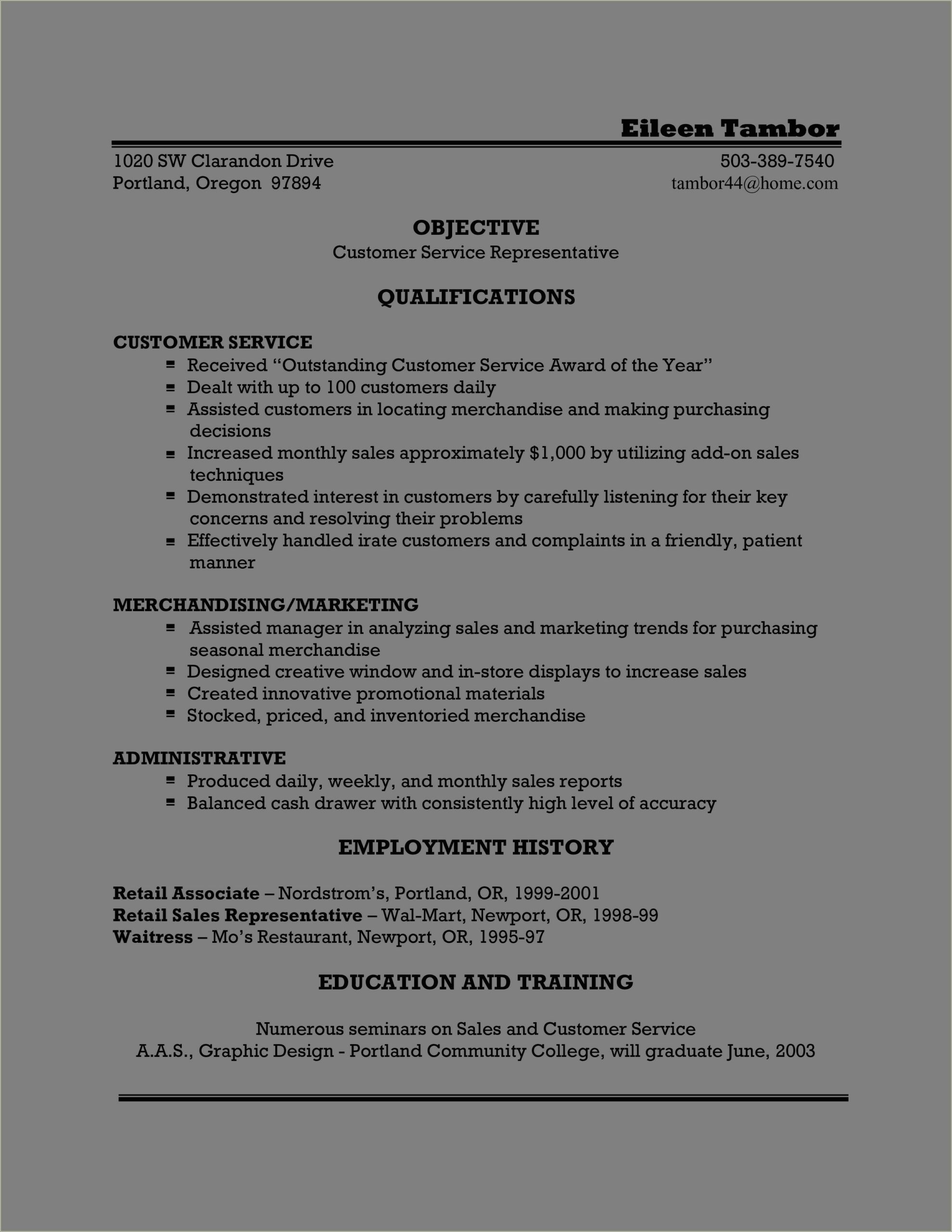 A Customer Service Objective For Resume