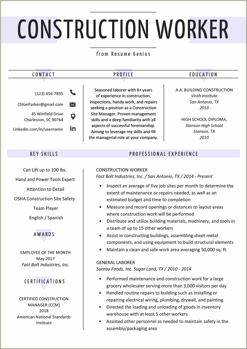 A Good Resume For Construction Worker