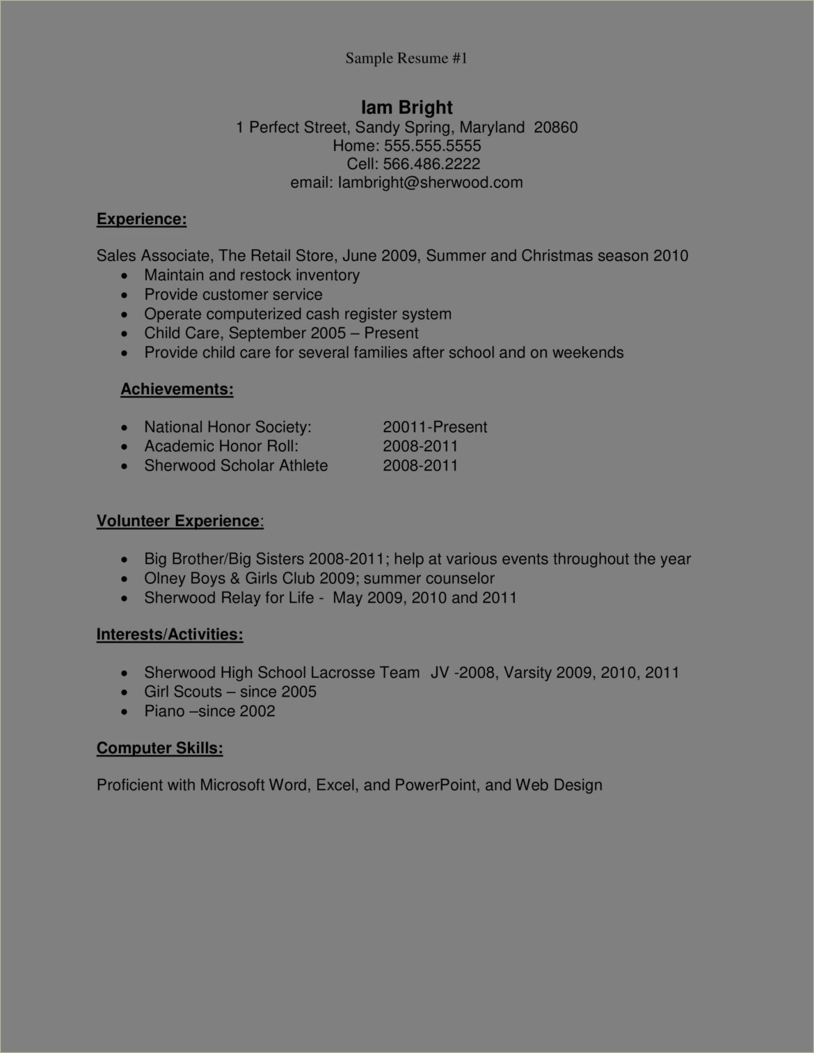 A High School Student Resume Sample