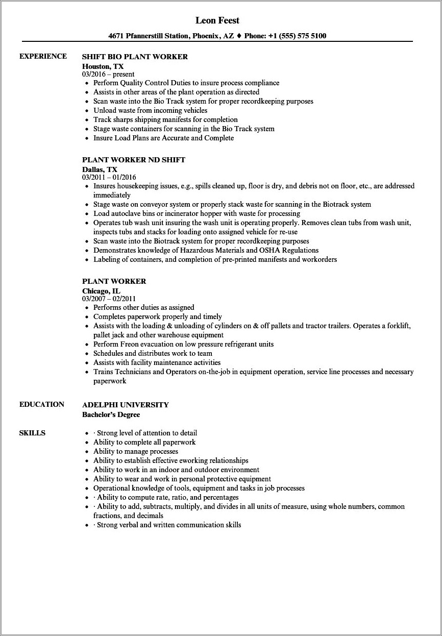 A List Of Resumes For A Plant Job