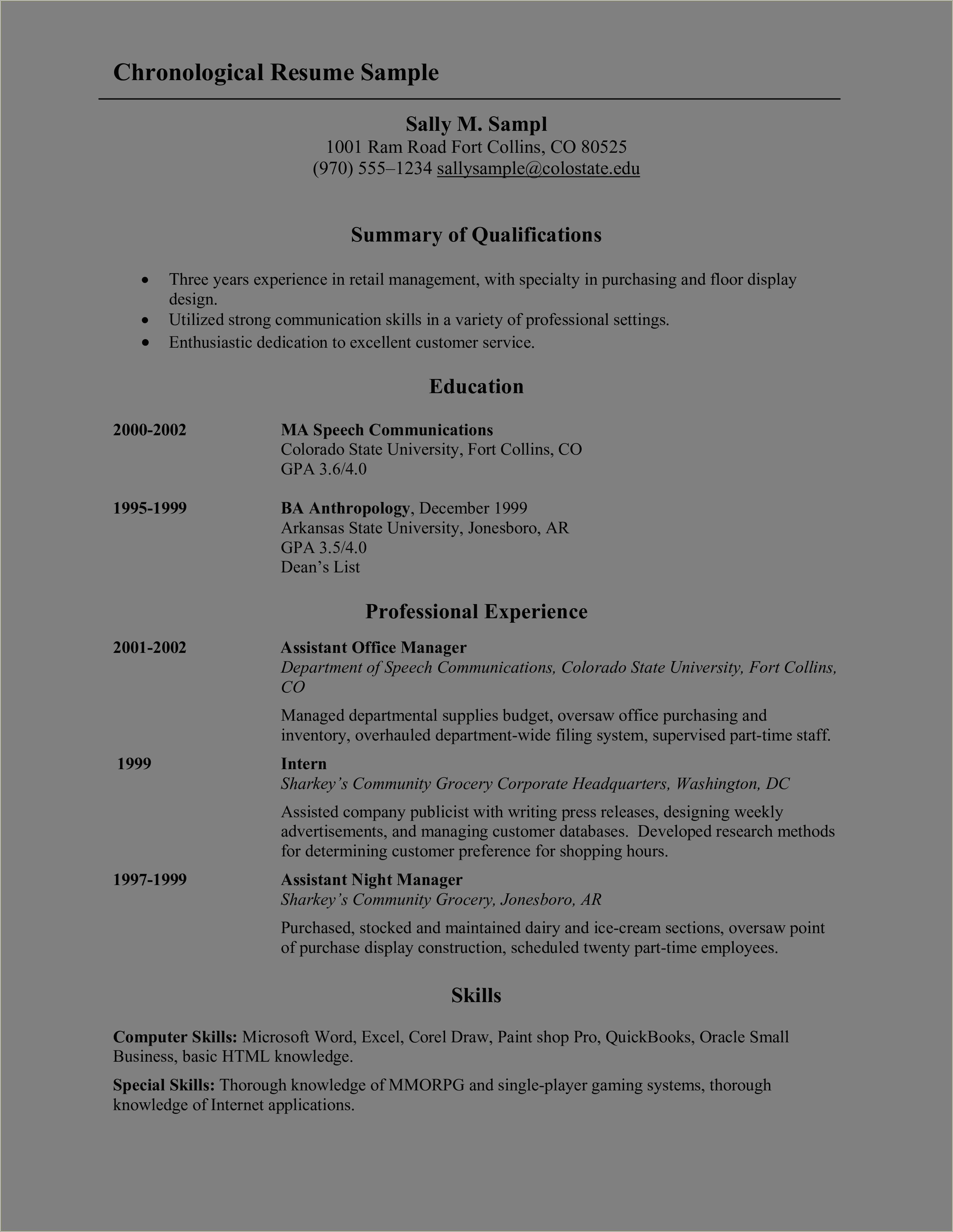 A Sample Of A Chronological Resume