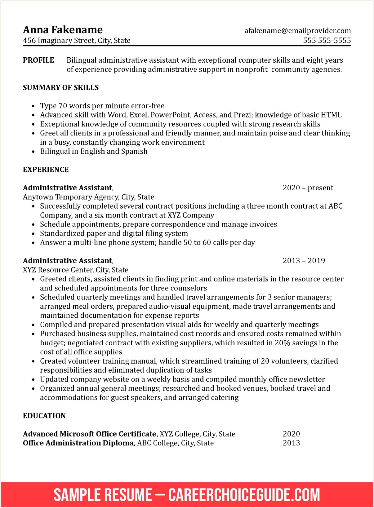 A Sample Resume For Administrative Assistant