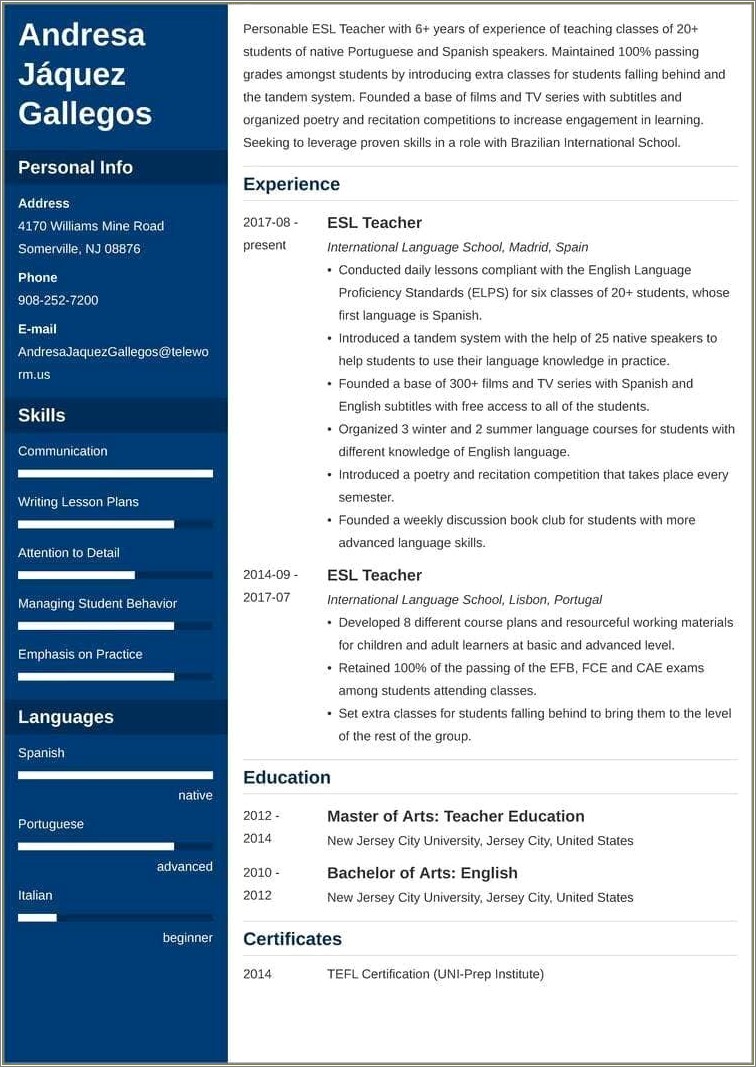 A Sample Resume For An English Teacher