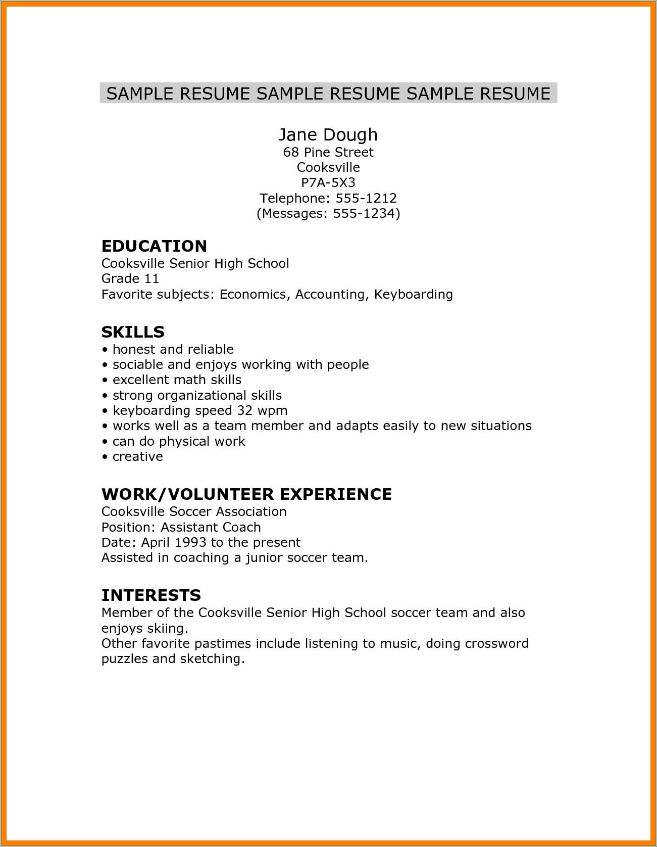 A Sample Resume For High School Student