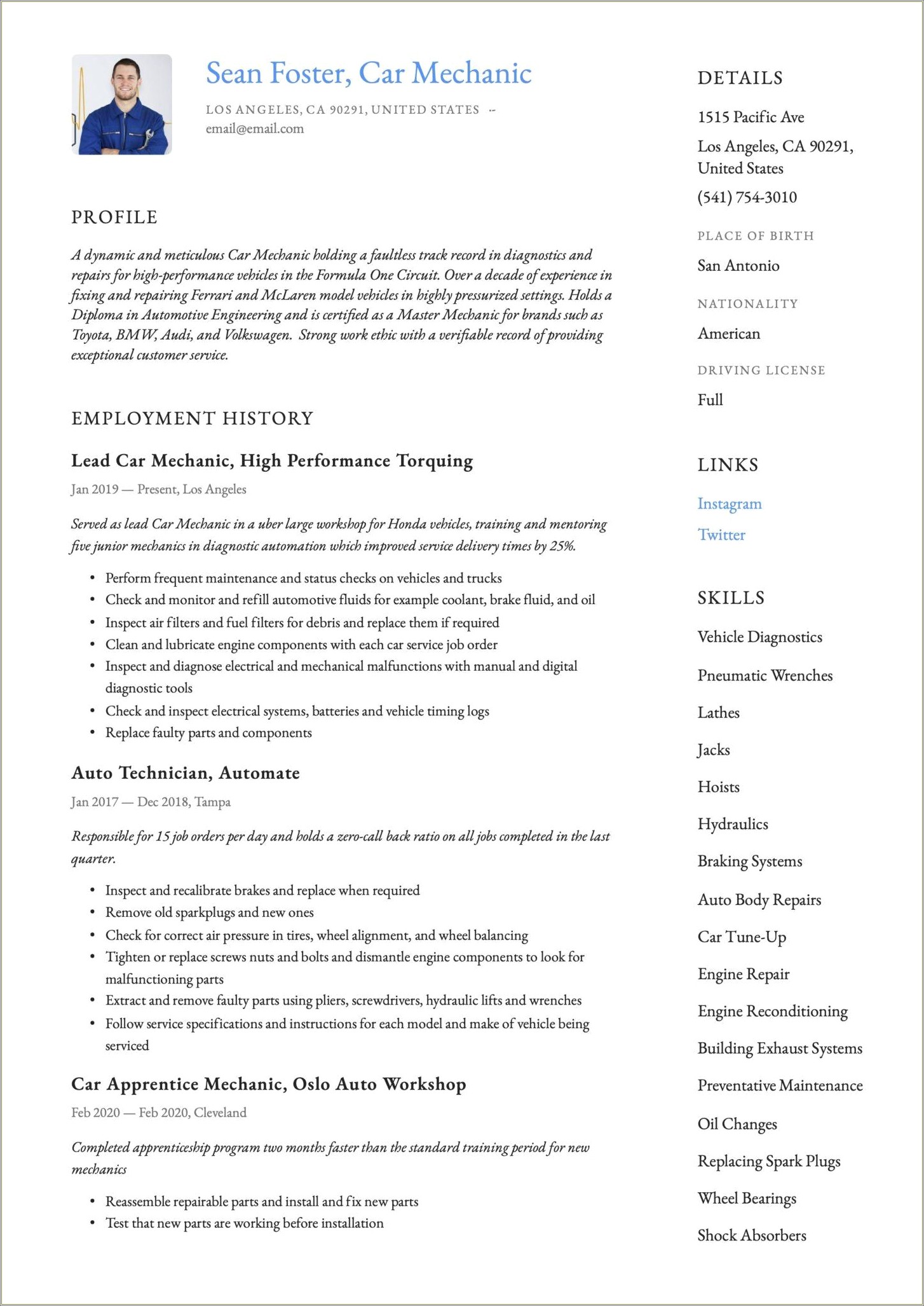 A1 Technician Job Description For Resume