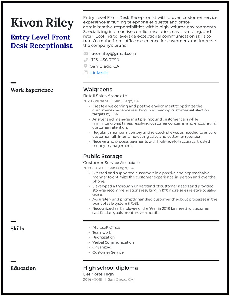 Ability Summary For Resume Examples For Receptionist