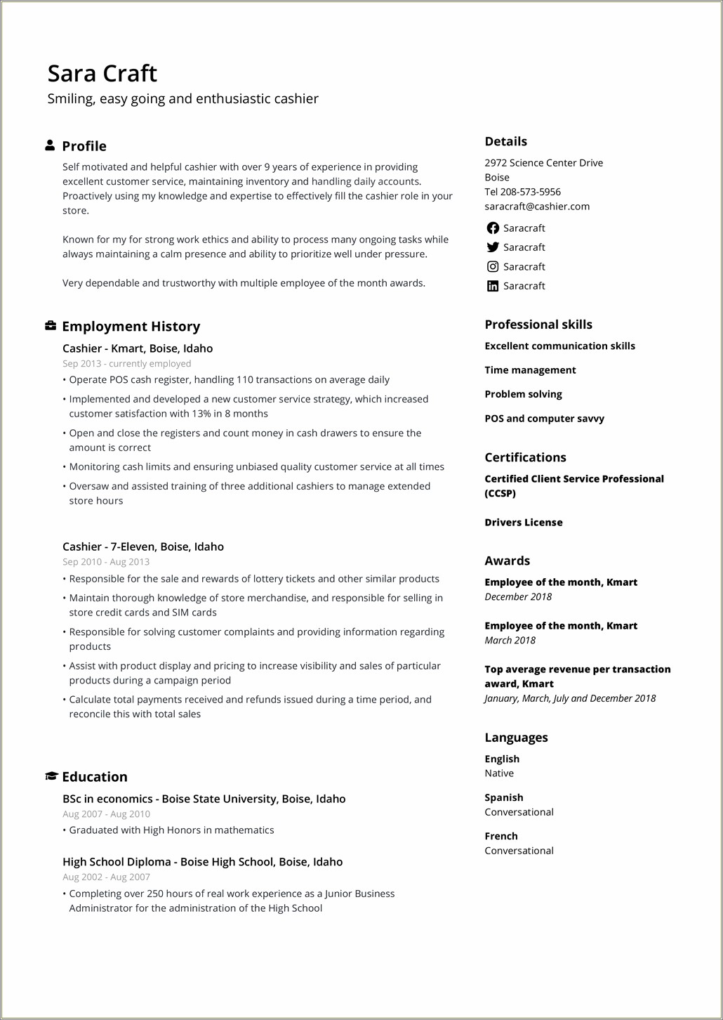 Able To Count Money Fast Cashier Resume Skill