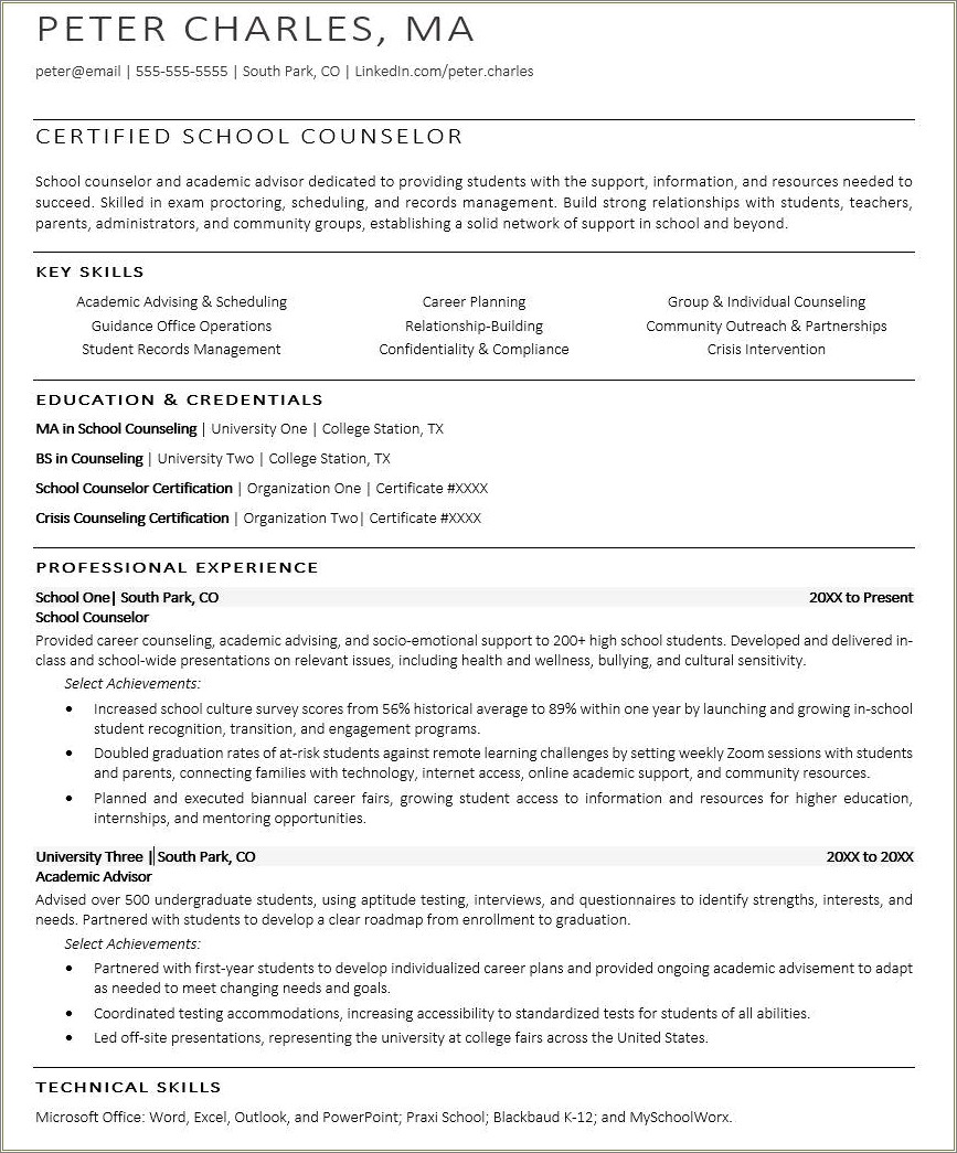 About.com Resume Sample For Guidance Counselor