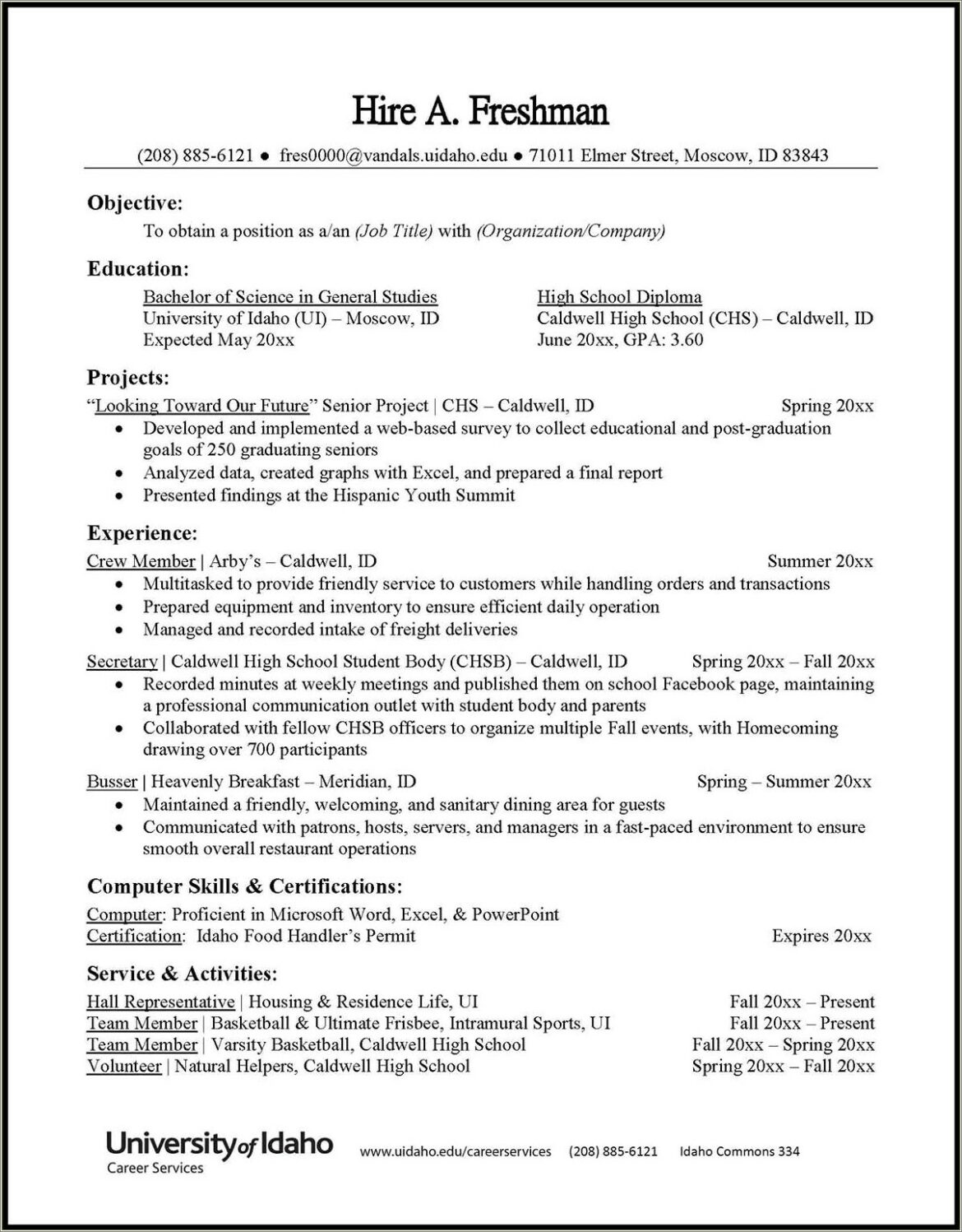 Academic Resume High School Computer Science