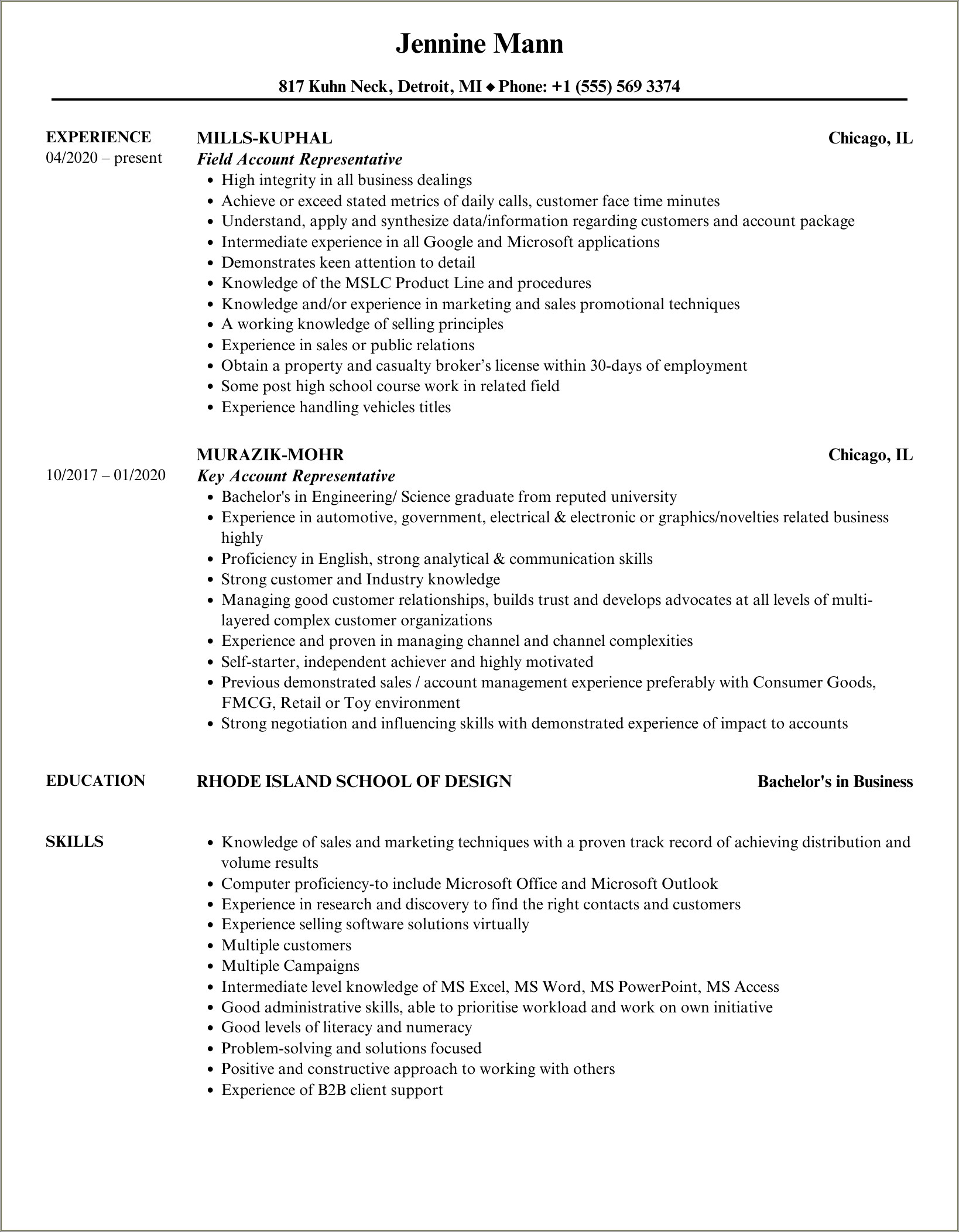 Account Representative Vmf Job Description For Resume