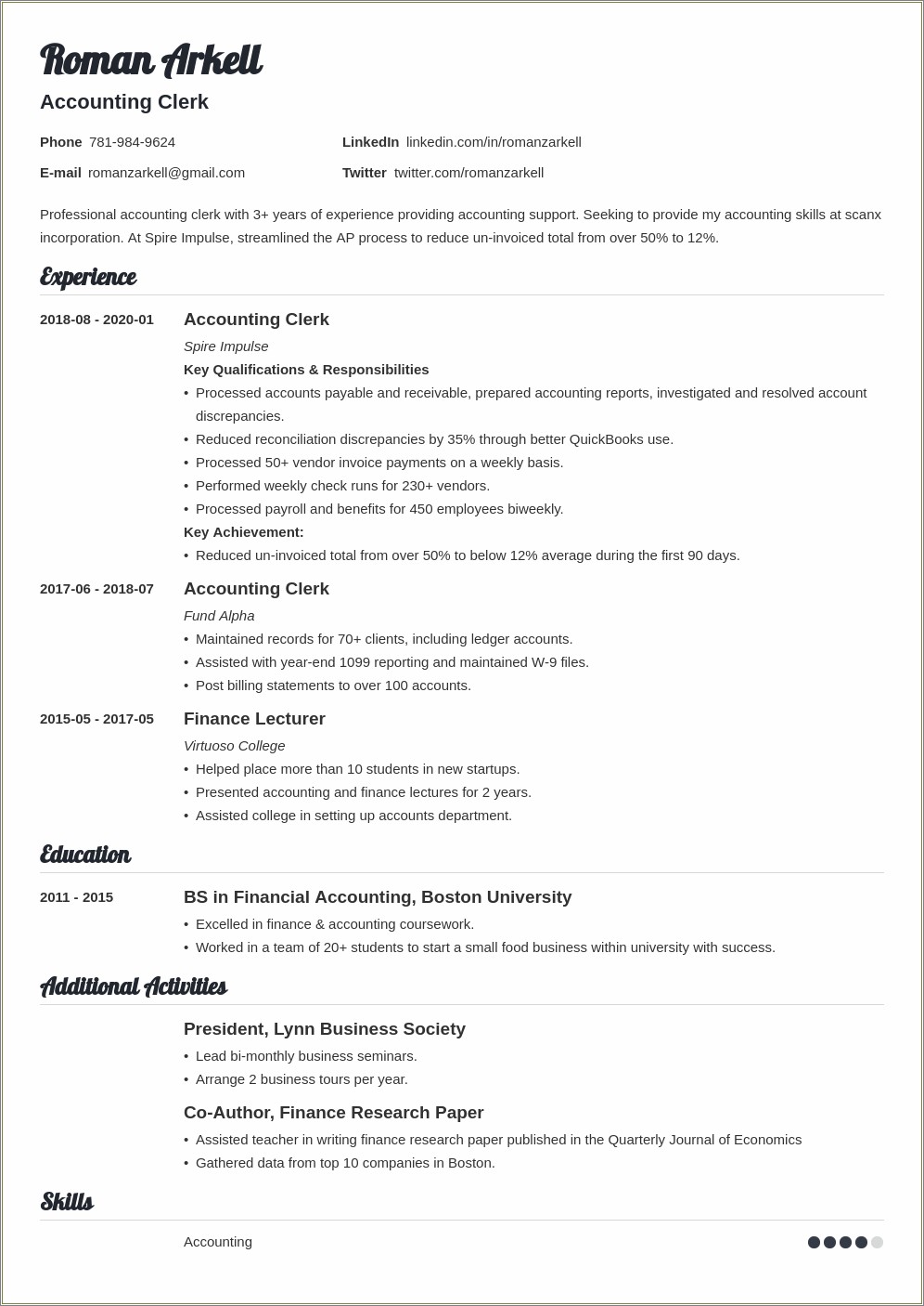 Accounting Clerk Skills In Filling For Resume