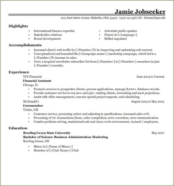 Accounting Resume Examples For College Students