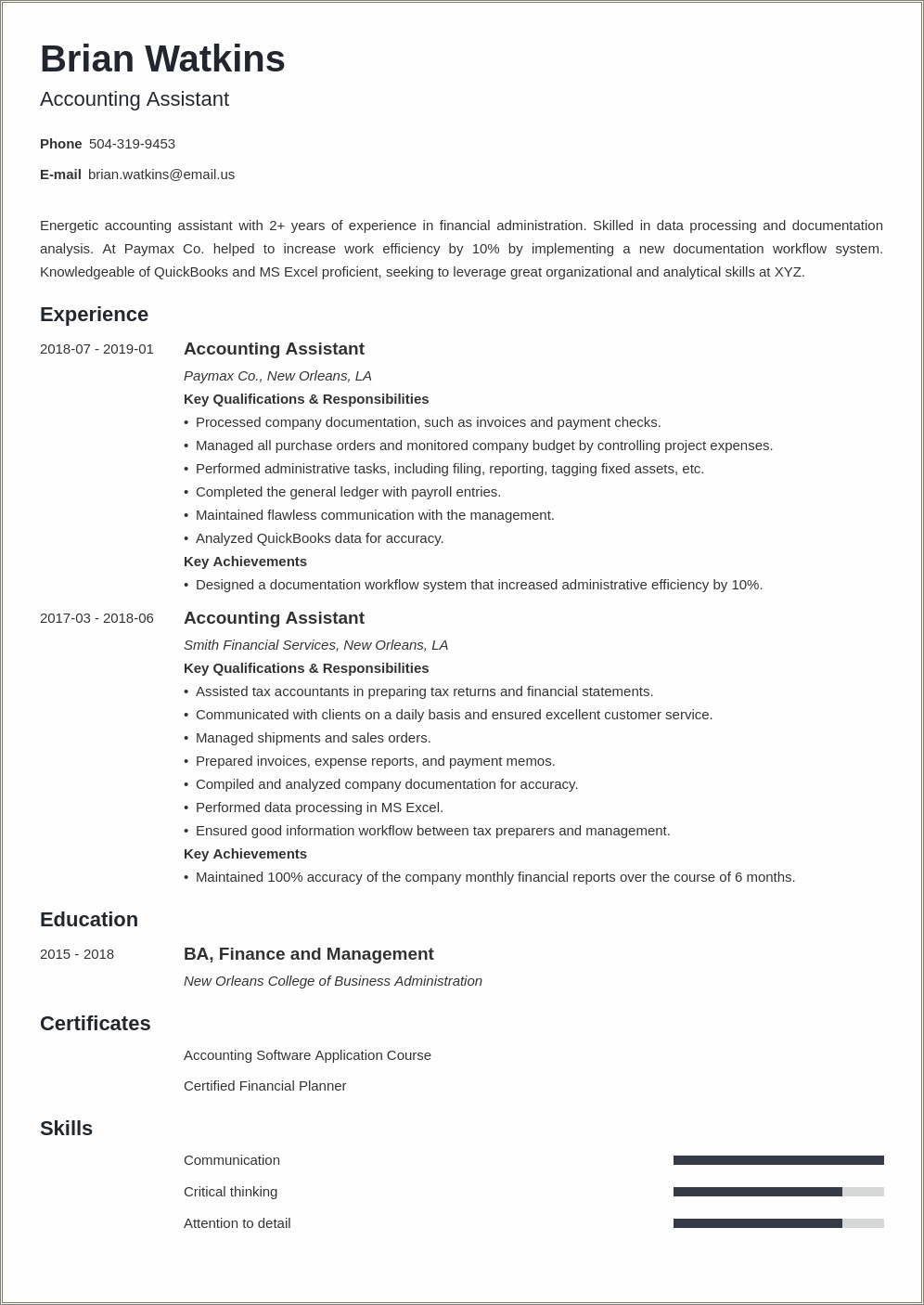 Accounting Resume For Part Time Work