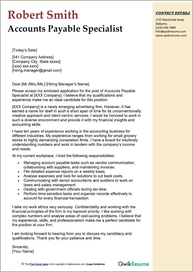 Accounts Payable Resume Cover Letter Examples