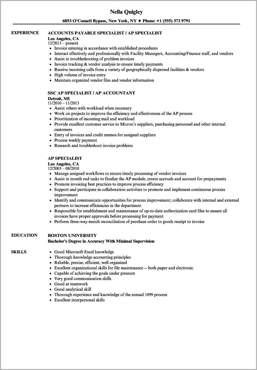 Accounts Payable Specialist Job Resume Samples