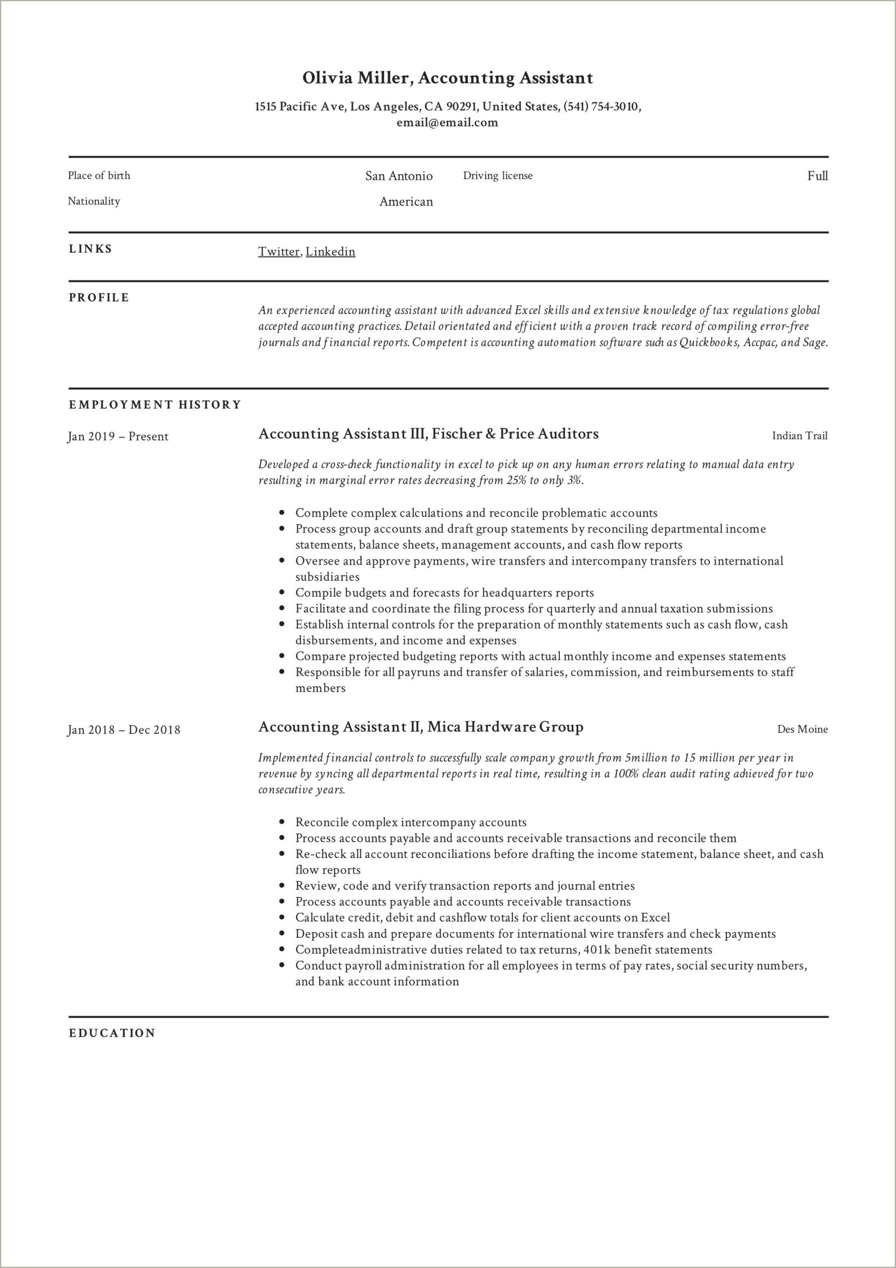 Accounts Receivable Clerk Job Description Resume Sample