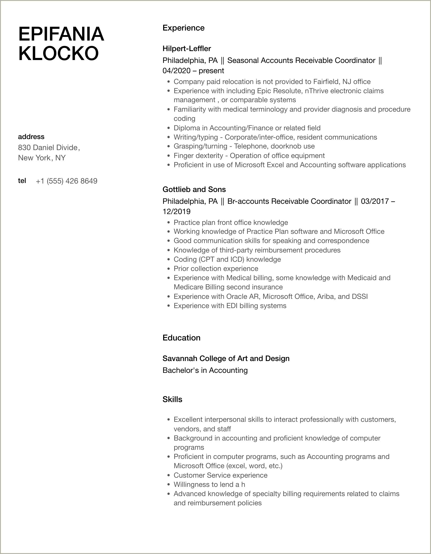 Accounts Receivable Coordinator Job Description For Resume