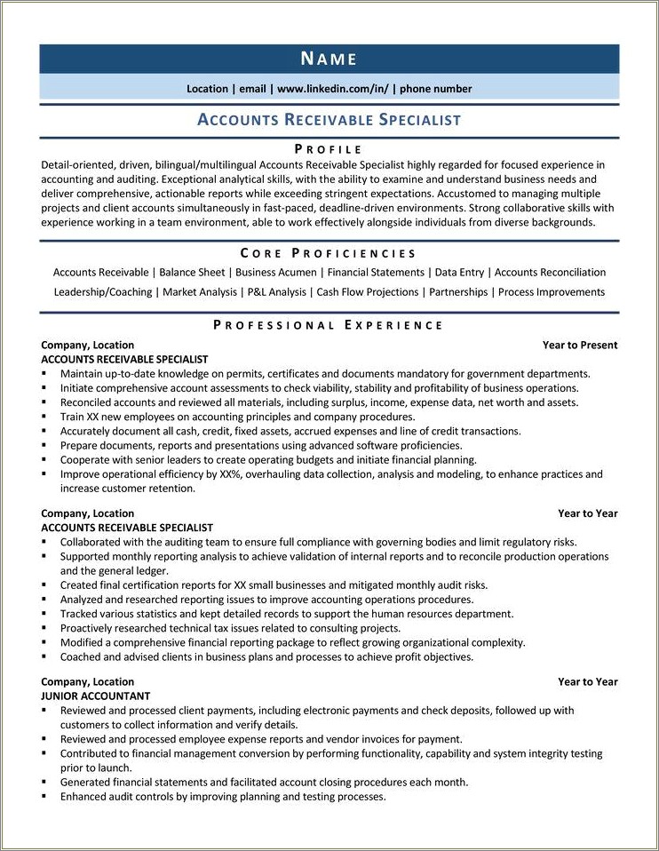 Accounts Receivable Specialist Job Description Resume