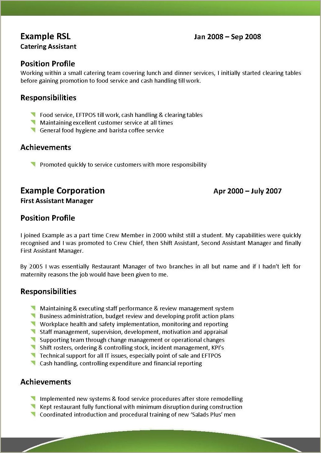 Acheivements For Foodservice Assistant Management Resume