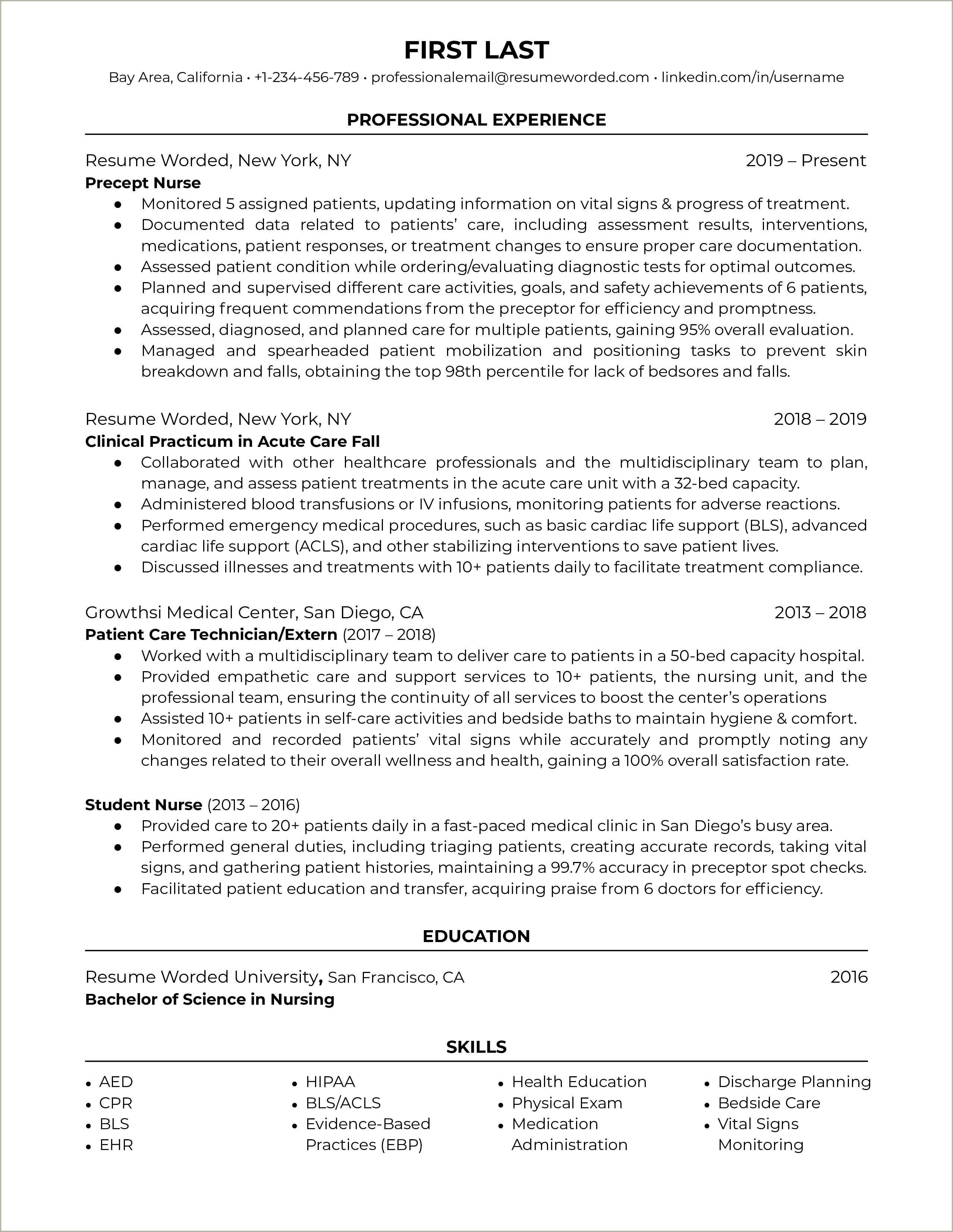 Acquired Experience In Pt Care Nursing Resume