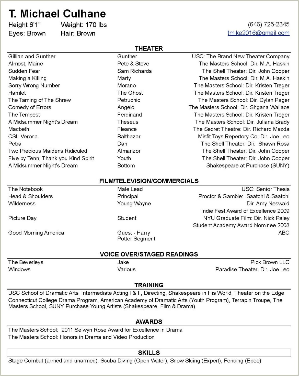 Acting Resume Still In School Degree