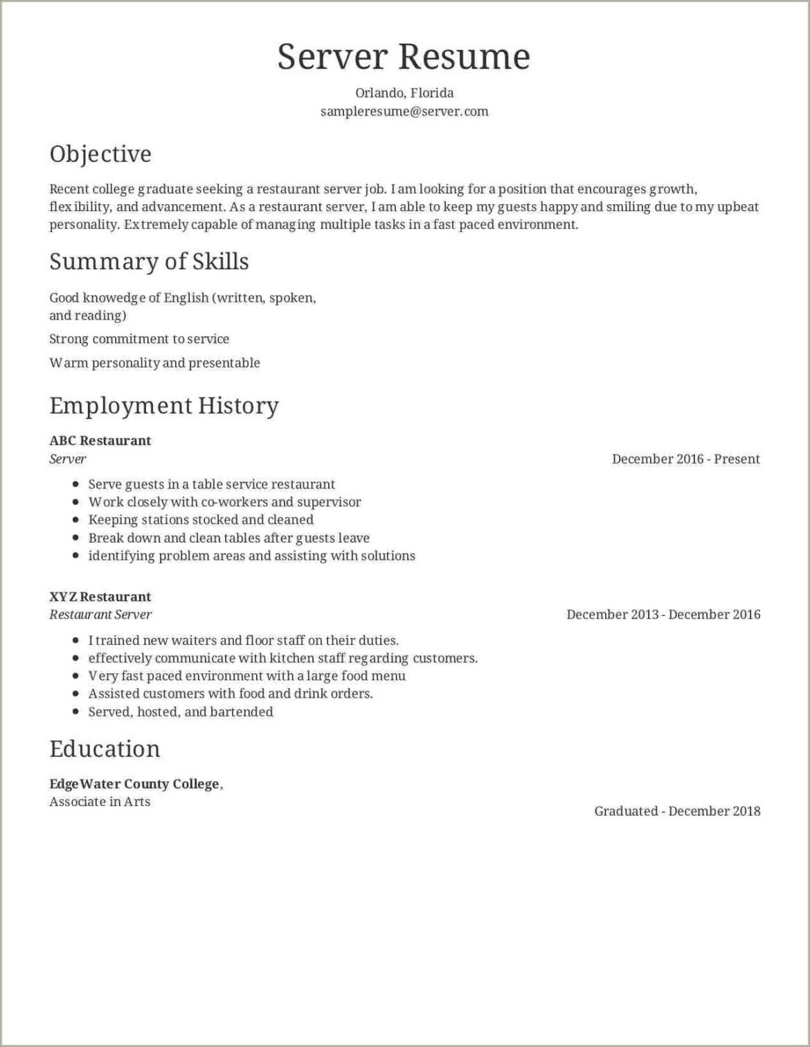 Active Resume Words For Restaurant Resume