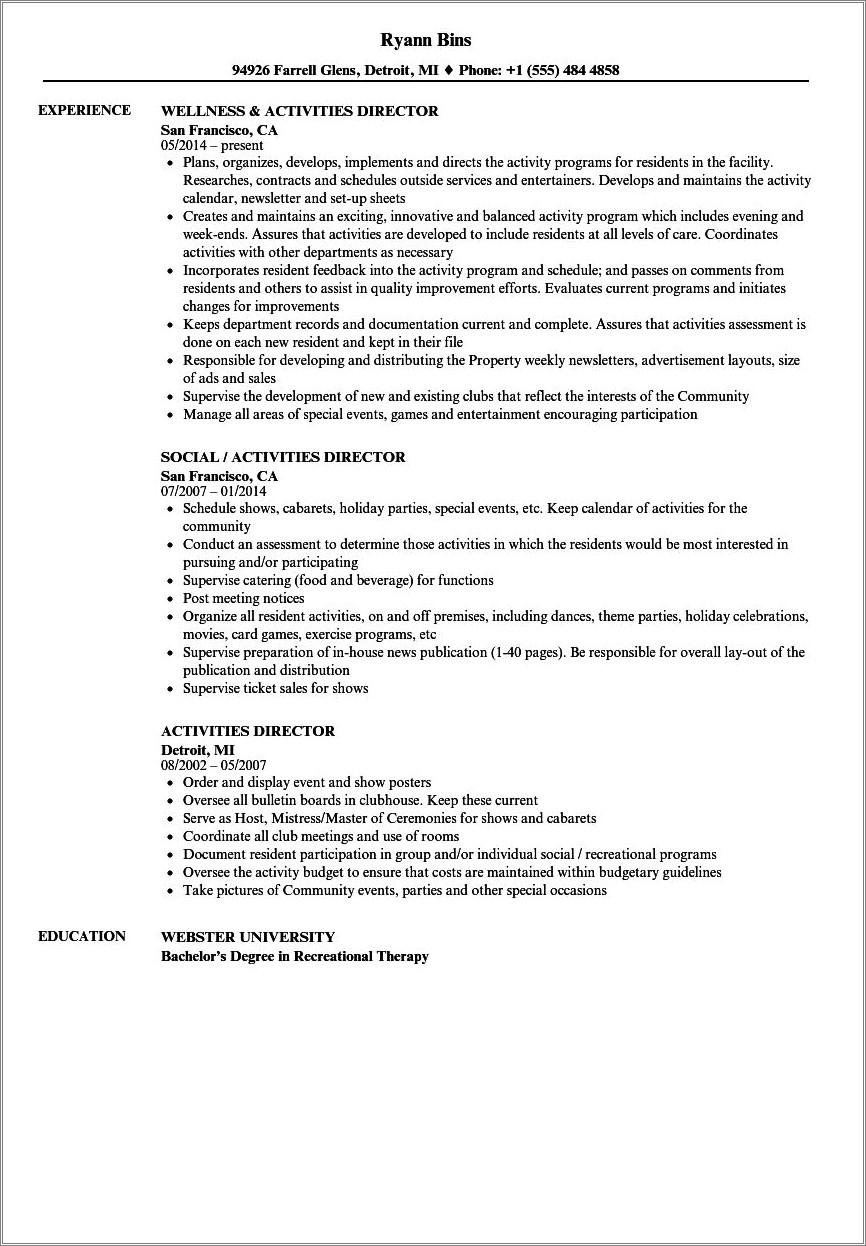 Activity Director Job Description For Resume