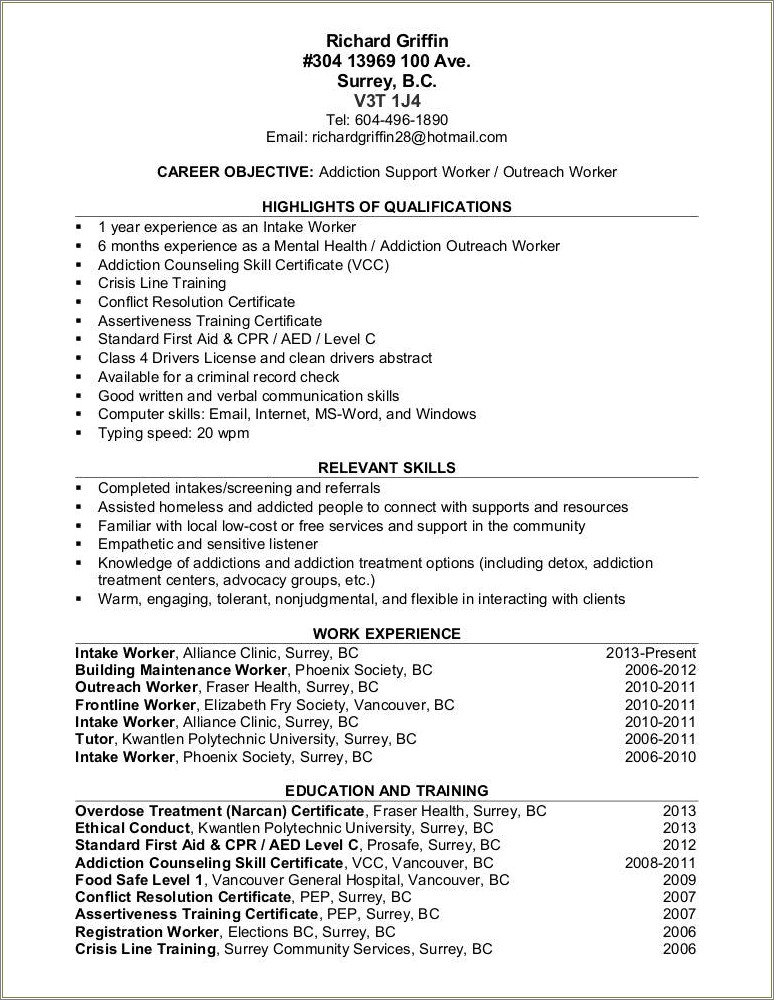 Addictions And Community Service Worker Resume