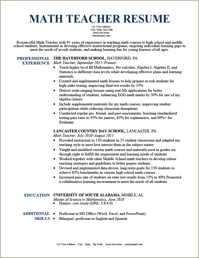 Additional Skills For A Teaching Resume