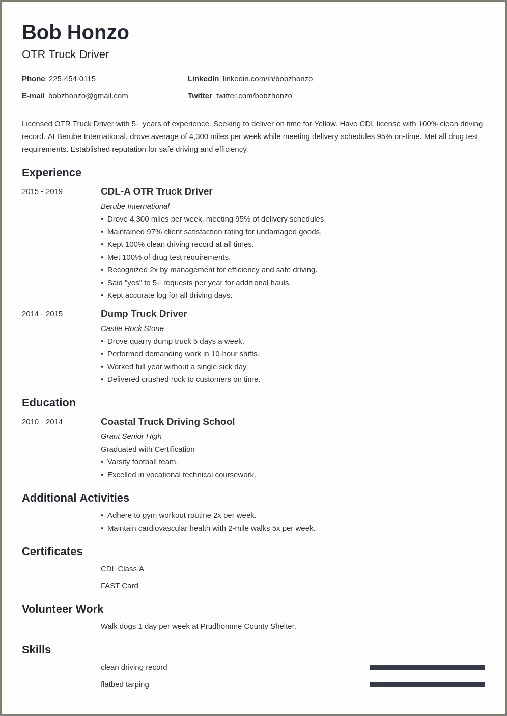 Additional Skills Resume For A Truck Driver