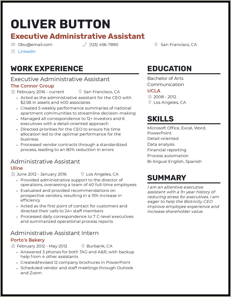 Admin Assistant Job Description Resume Summary