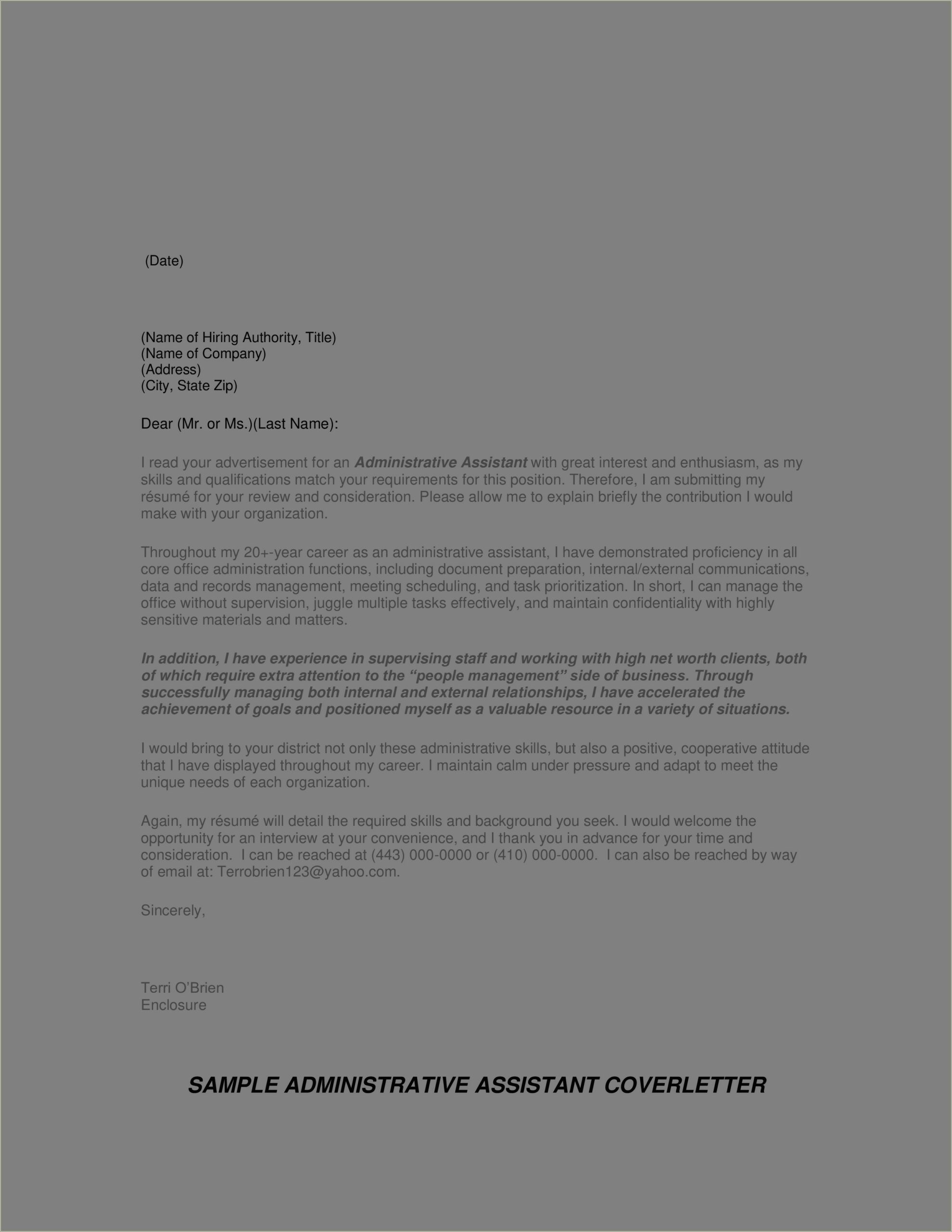 Administrative Assistant Job Resume Cover Letter