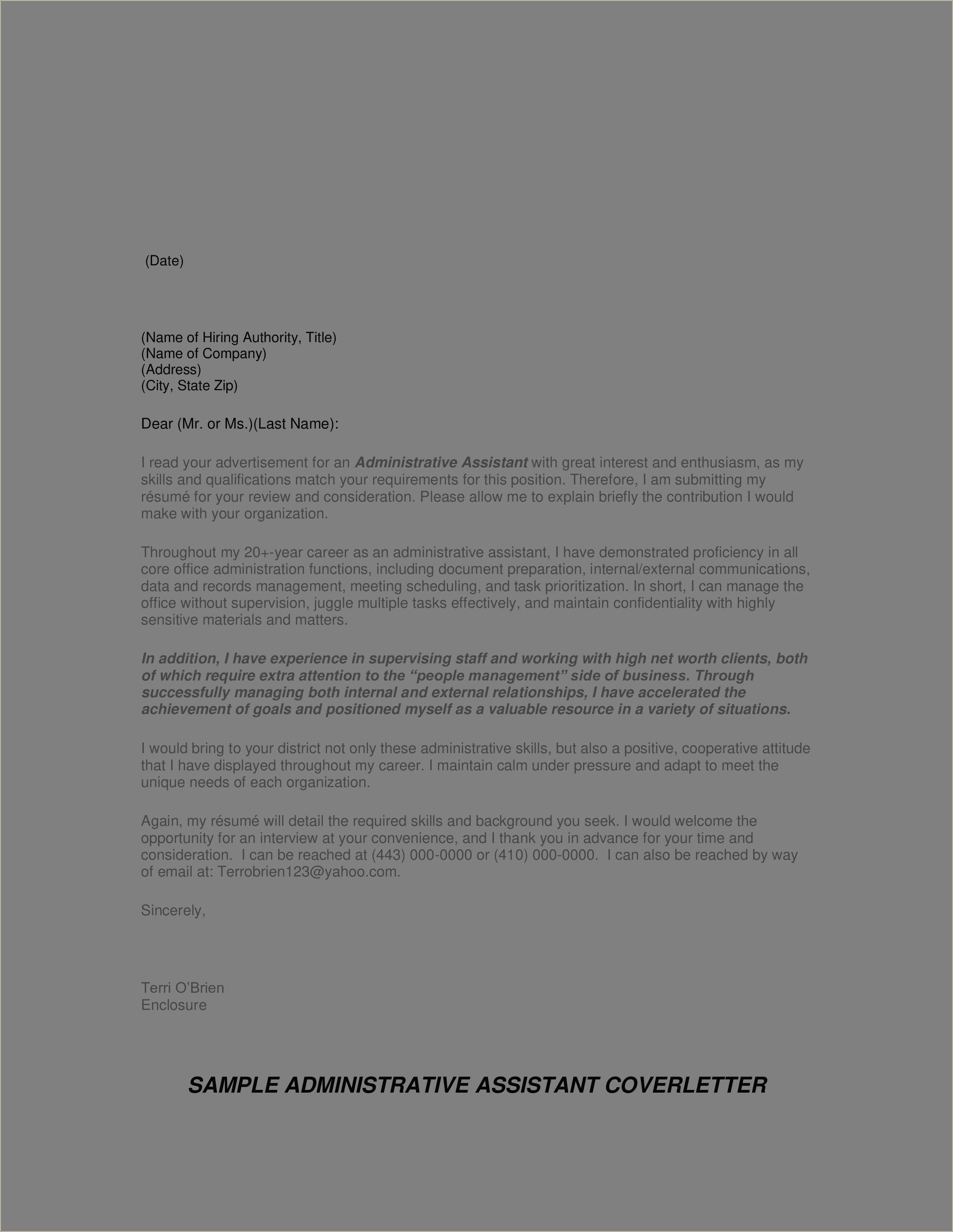 Administrative Assistant Job Resume Cover Letter