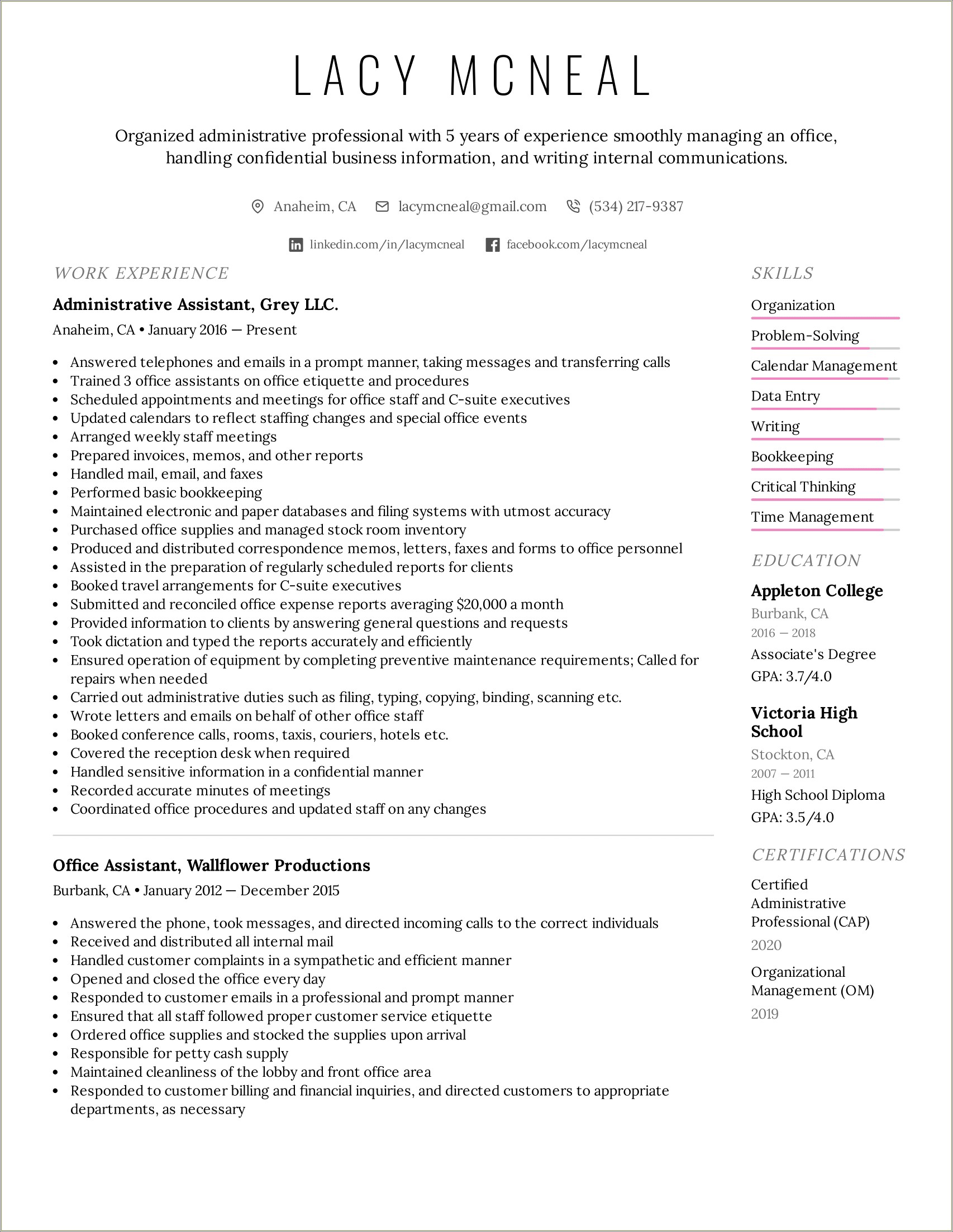 Administrative Assistant Job Summary For Resume