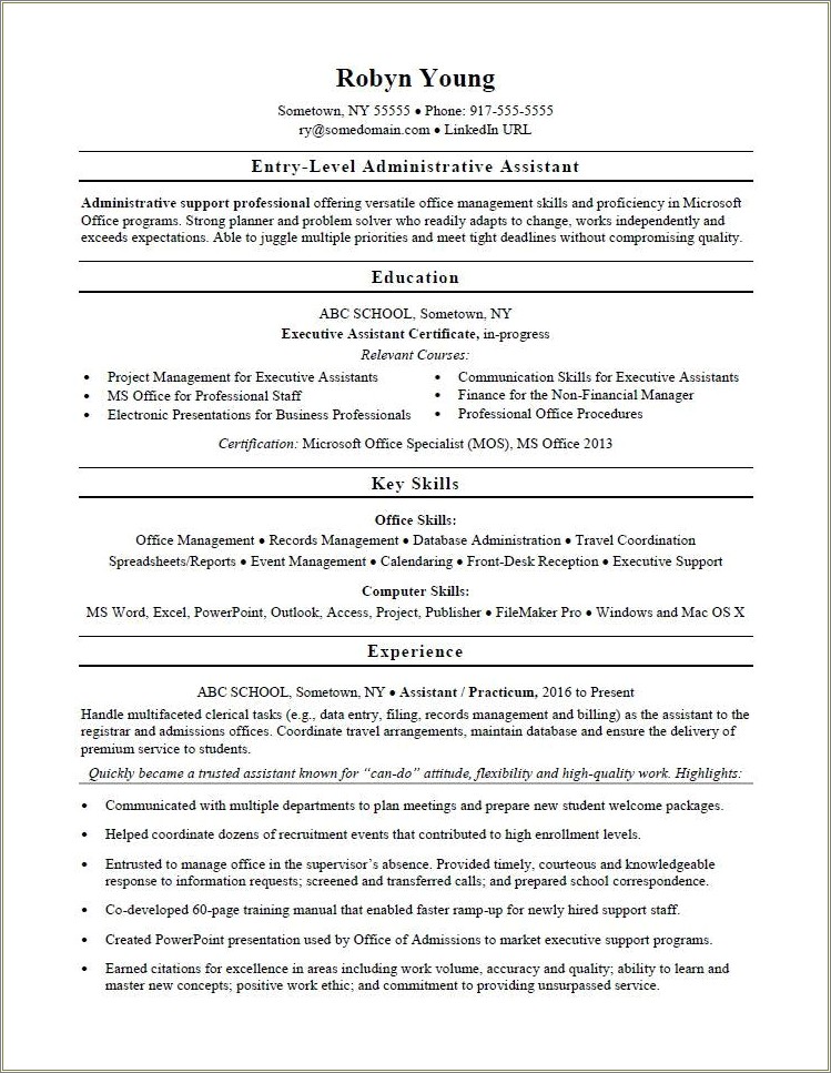Administrative Assistant Resume Examples Entry Level